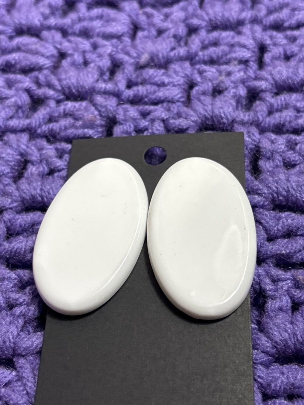 Vintage white Plastic Oval Stud Earrings Statement 1.75 inches Long